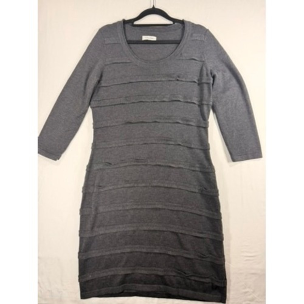 Calvin Klein Sweater Dress Womens Medium Grey Good Tiered Ruffle 3/4 Sleeve
